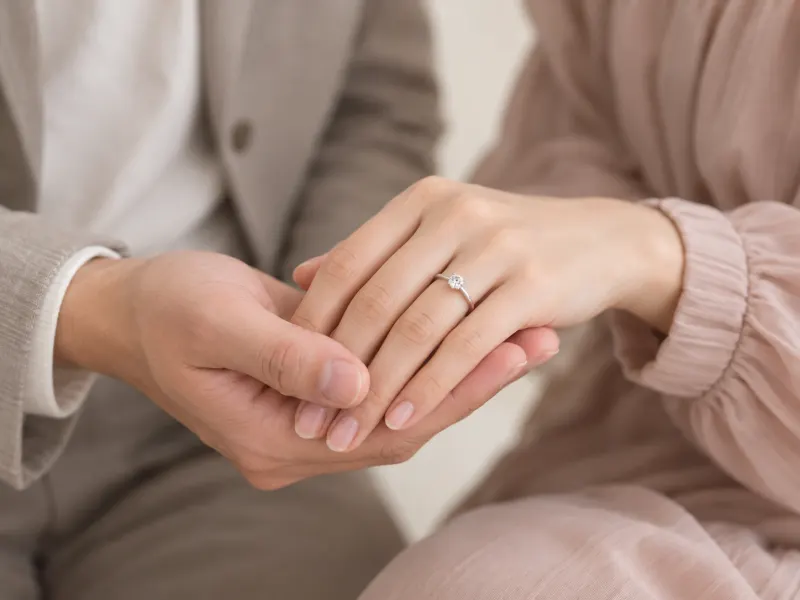 左手の婚約指輪を二人で見せる、婚約記念のカップルフォトのイメージ