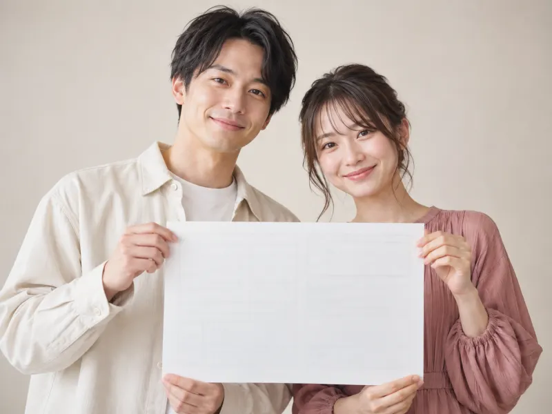 婚姻届を二人で持つ、入籍記念のカップルフォトのイメージ