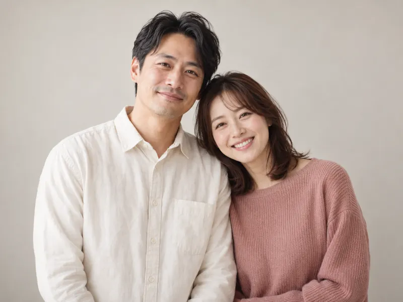 寄り添うご夫婦の、結婚記念日のスタジオ写真のイメージ