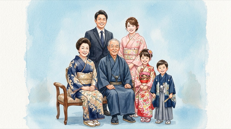 空色の背景紙の前で撮影する三世代家族の水彩イラスト