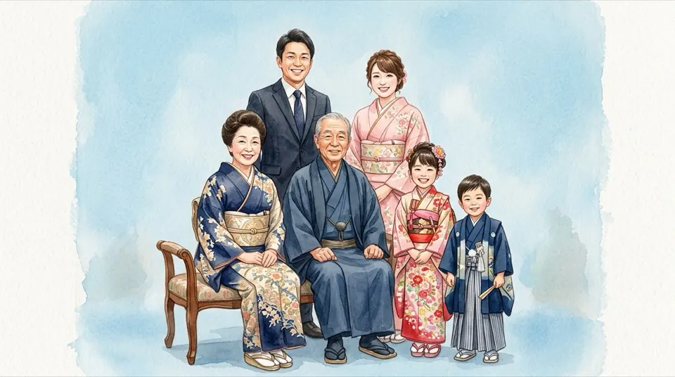 空色の背景紙の前で撮影する三世代家族の水彩イラスト