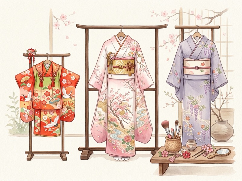 七五三・成人式などのレンタル着物のイラスト
