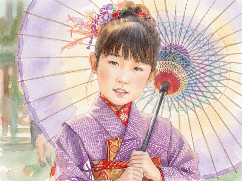 和傘を持った七五三の女の子の水彩イラスト