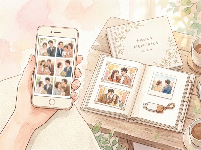 スマートフォンとアルバムで写真を受け取るイラスト