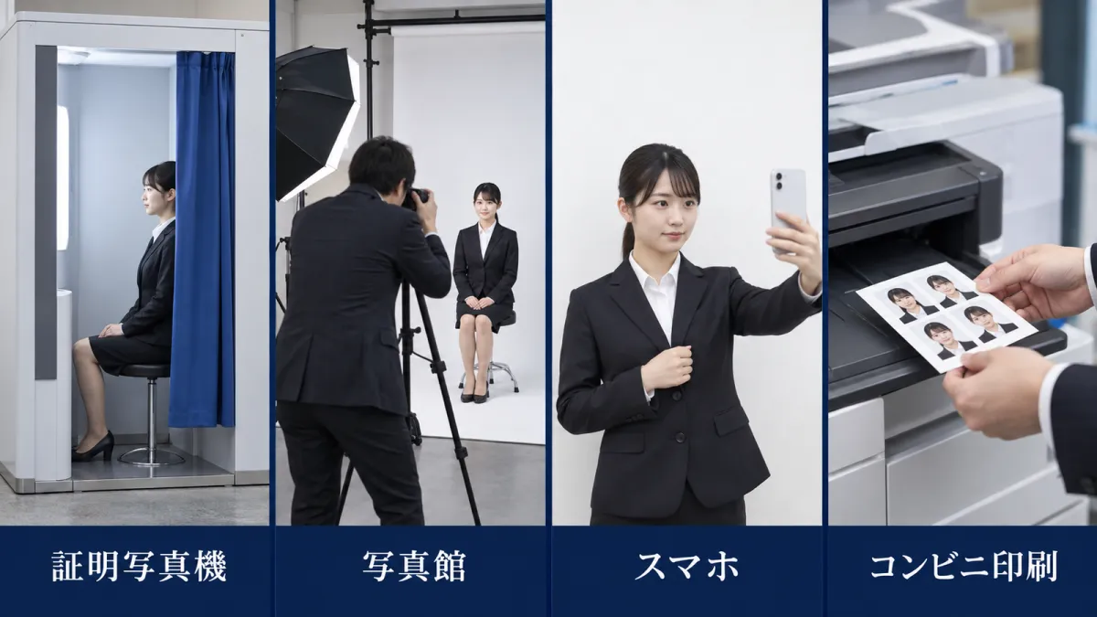 就活の証明写真を撮る4つの方法の比較イメージ：証明写真機・写真館・スマホ・コンビニ印刷