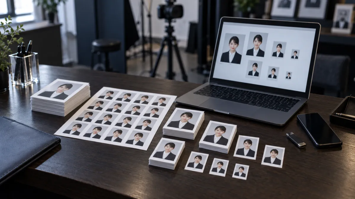 写真館で用意した就活証明写真：複数サイズのプリント約30枚と、ピクセル指定ごとに書き出したデータをノートPCに表示