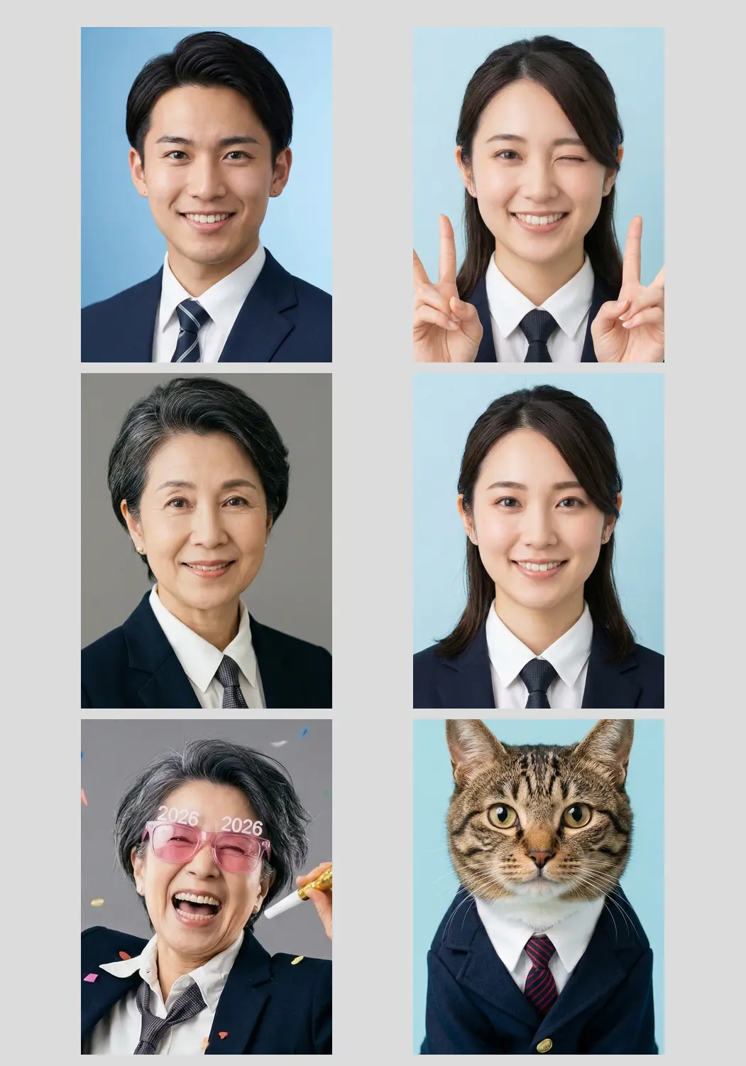 複数の異なる写真を並べた証明写真サンプル