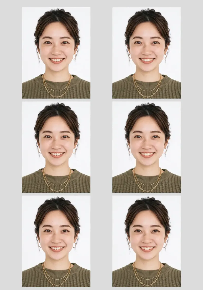 美肌モード適用後：肌をなめらかに補正した証明写真のL判レイアウト