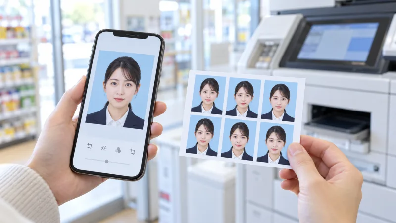 スマートフォンの顔写真と、コンビニのマルチコピー機で印刷した6枚並びの証明写真のイメージ