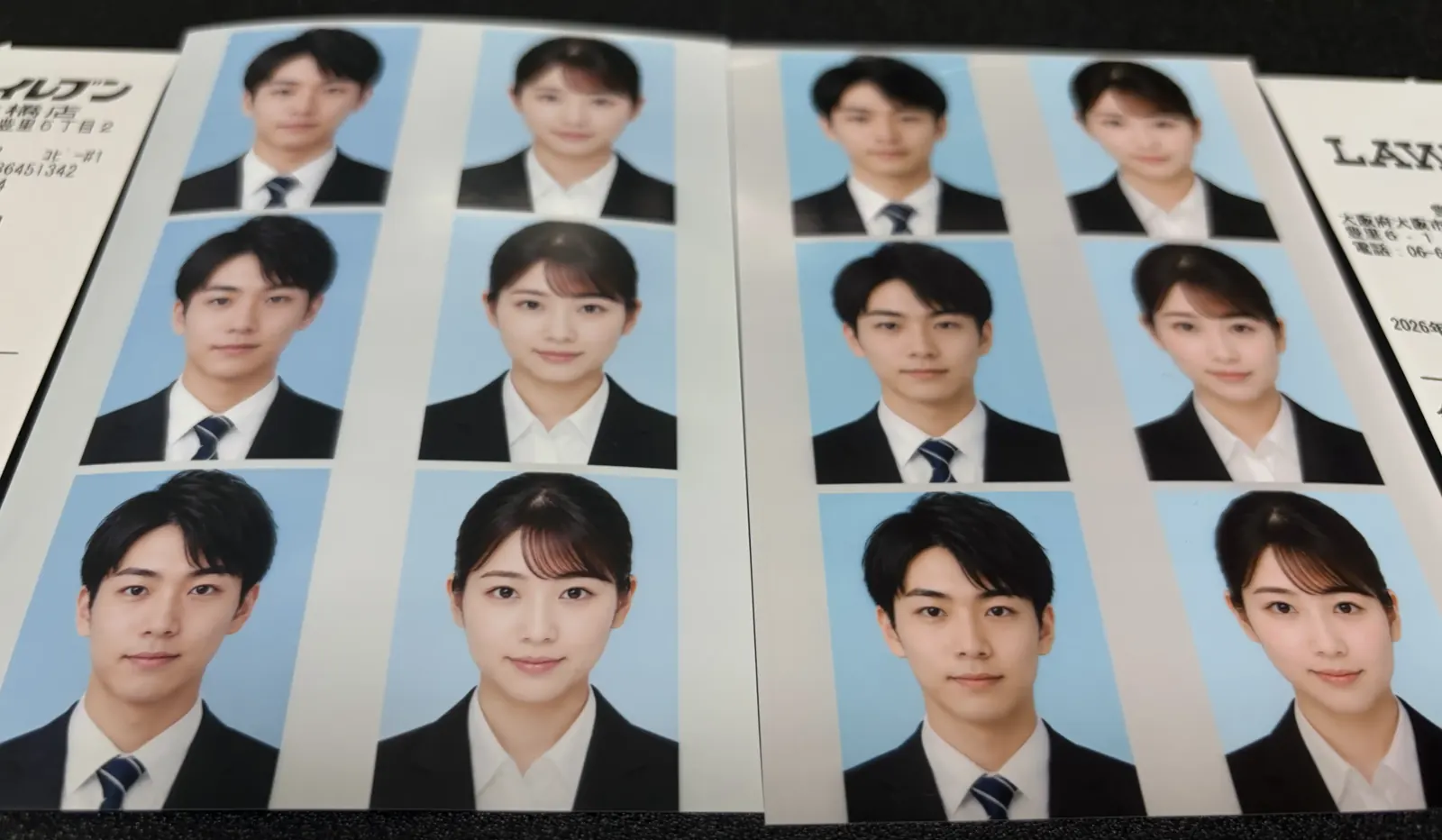 セブンイレブン（左）とローソン（右）で印刷した証明写真L判の比較。それぞれの購入レシート付き