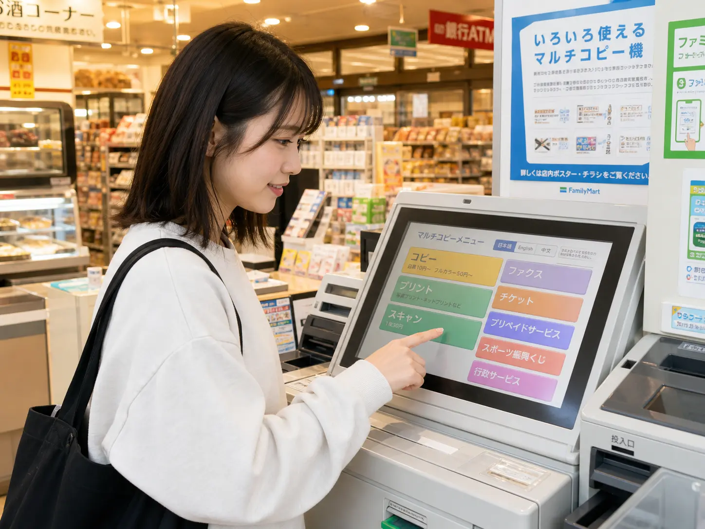ファミリーマートのマルチコピー機でプリントメニューを操作する女性