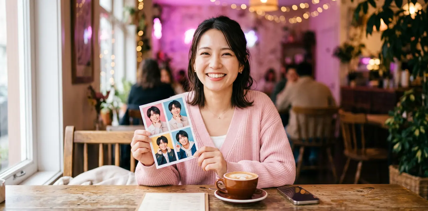 コンビニで印刷した推しの写真シートを嬉しそうに持つ女性