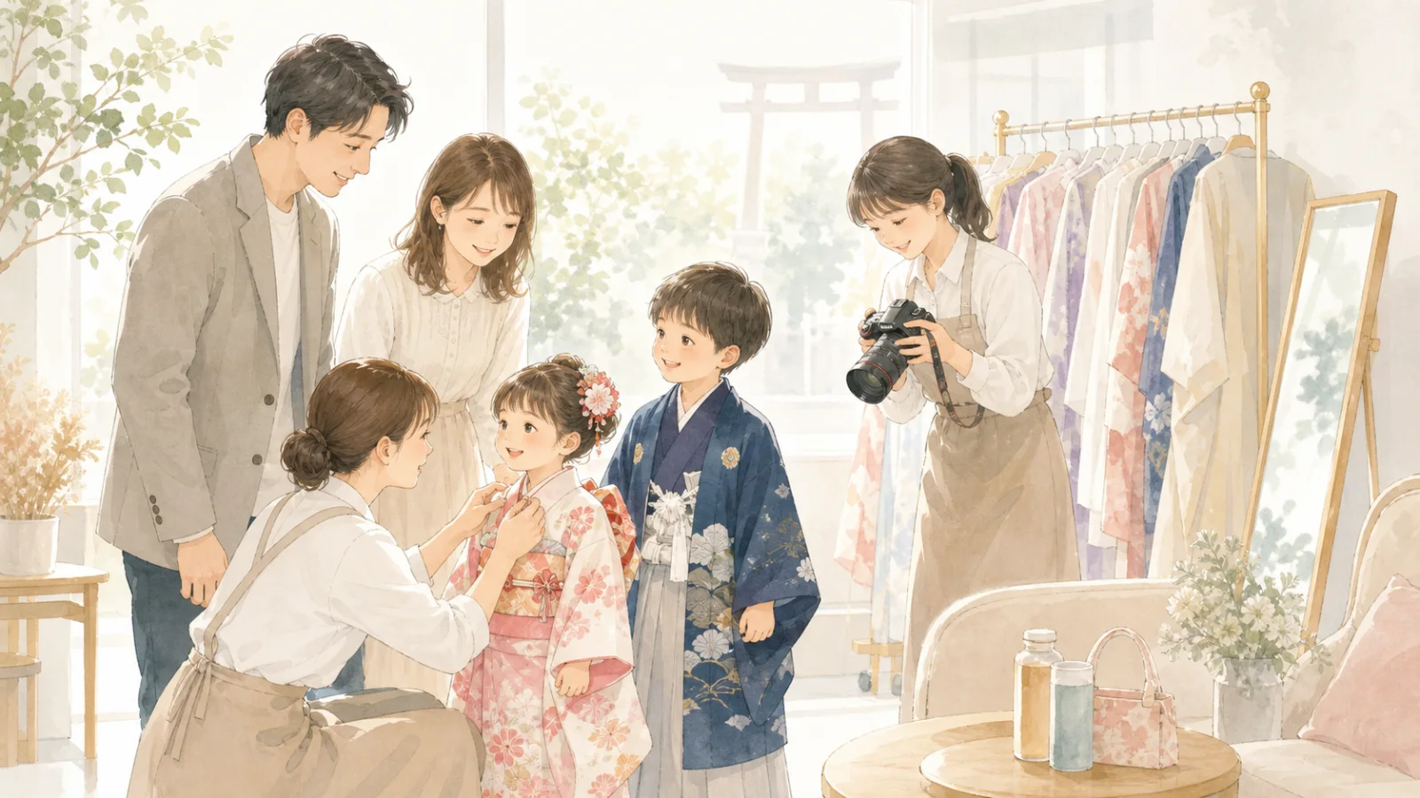 七五三の着物を着た子どもを両親とスタッフが見守るスタジオ内の案内イラスト