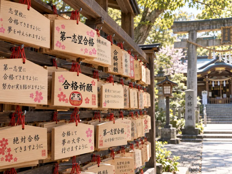 「第一志望合格」「合格祈願」と書かれた絵馬が並ぶ神社の絵馬掛け