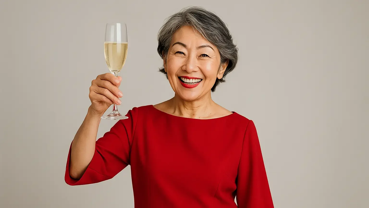還暦祝いの記念写真イメージ。赤い装いでシャンパングラスを掲げて笑顔の女性