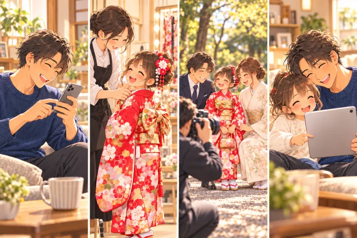 スマートフォンで予約、スタジオで着付け、公園で家族撮影、タブレットで写真を受け取るまでの4コマのアニメ調イラスト
