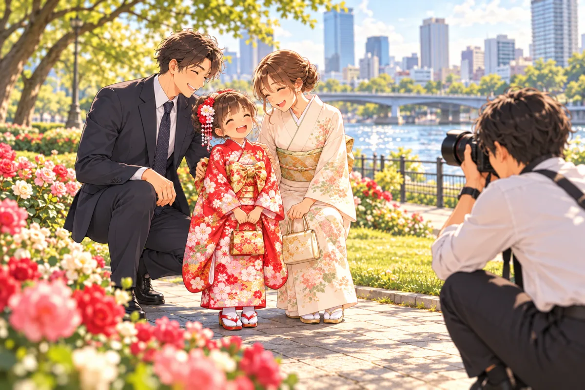 バラが咲く川沿いの公園で、赤い着物の女の子と両親をカメラマンが撮影しているイラスト
