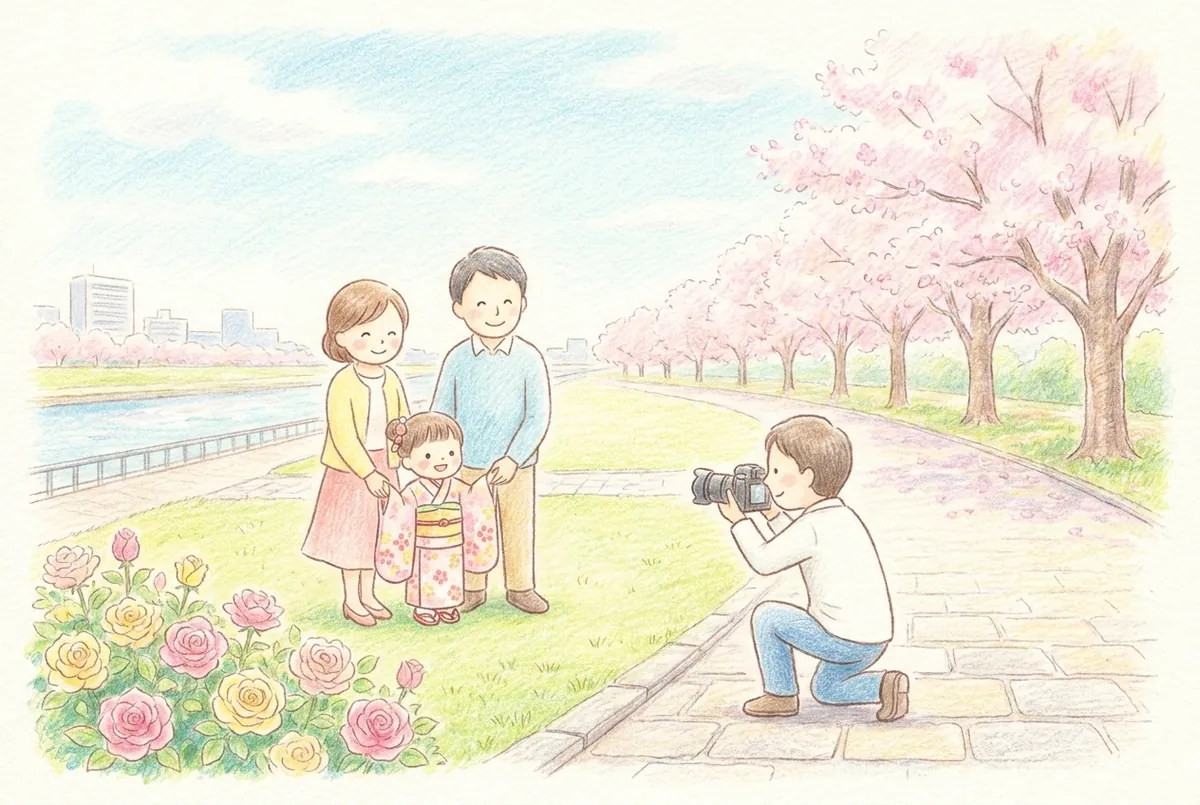 川沿いの公園のバラと桜の前で、着物の子どもと家族をカメラマンが撮影している色鉛筆風のイラスト