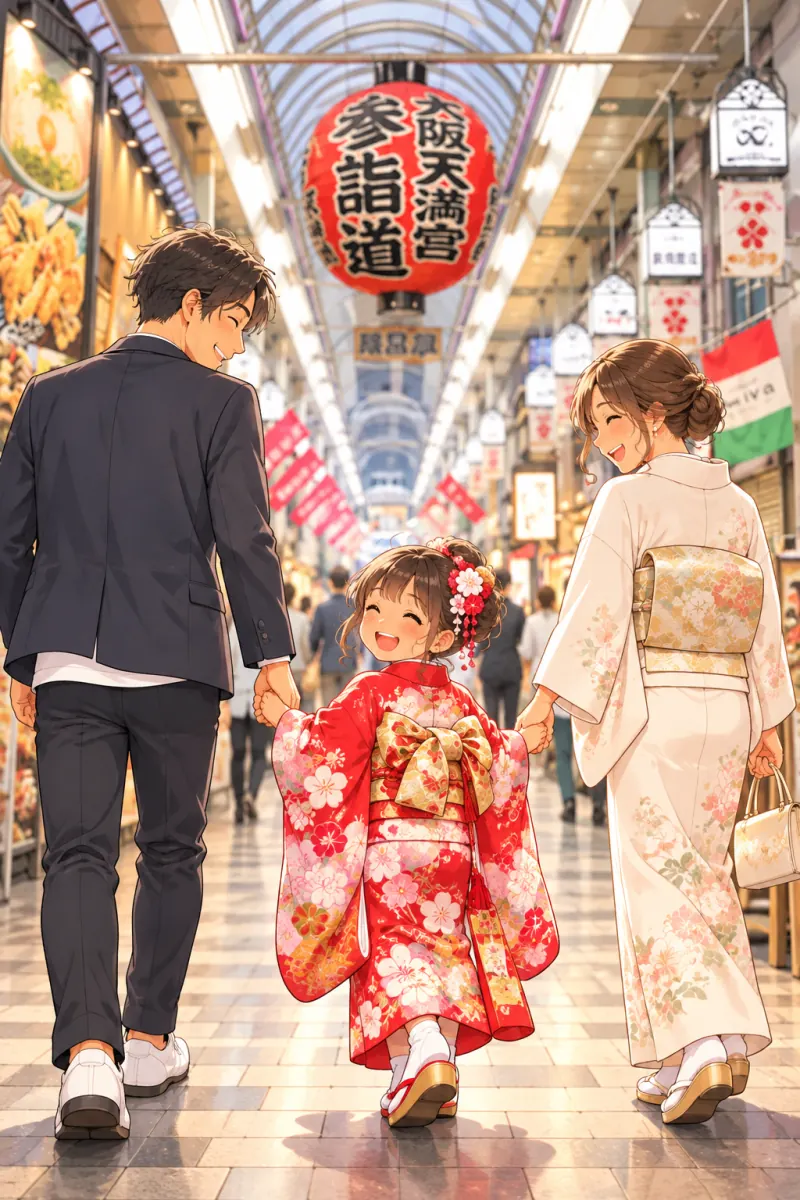 大阪天満宮参詣道の提灯が下がるアーケード商店街を、七五三の着物の女の子と両親が手をつないで歩くイラスト