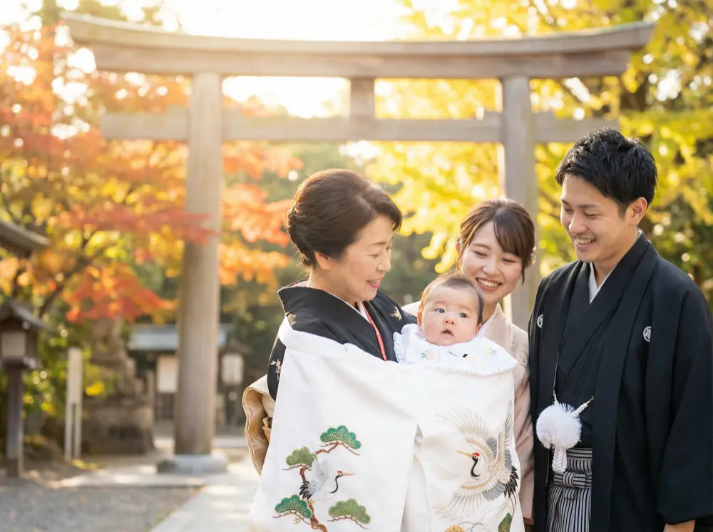 お宮参りの赤ちゃん記念写真サンプル