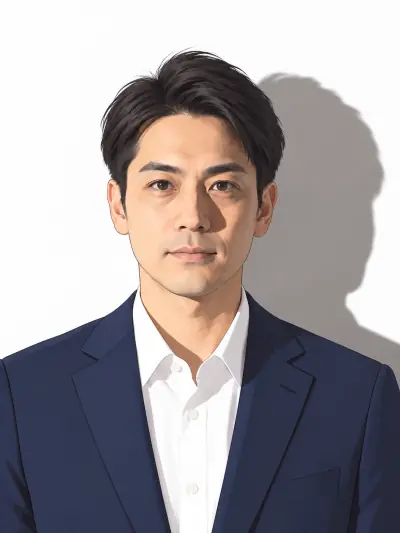 白い背景の壁に頭と肩の濃い影が落ちている証明写真の例