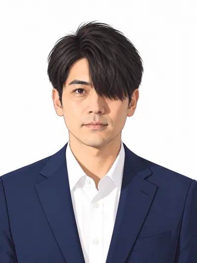 長い前髪が眉と片目を覆っている証明写真の例