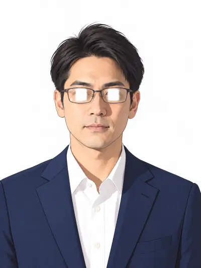眼鏡のレンズに照明が反射して目が見えにくい証明写真の例