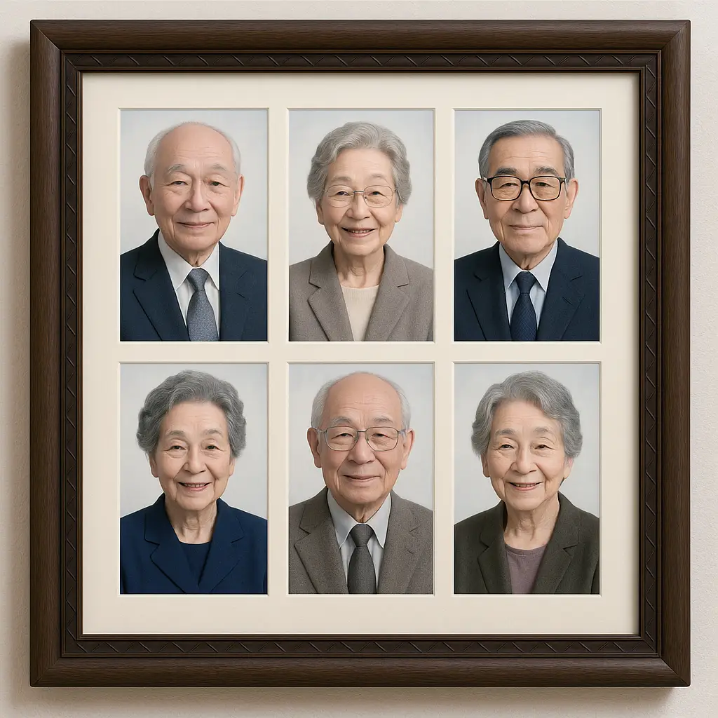 遺影写真を一枚の額縁にコラージュされたイメージ