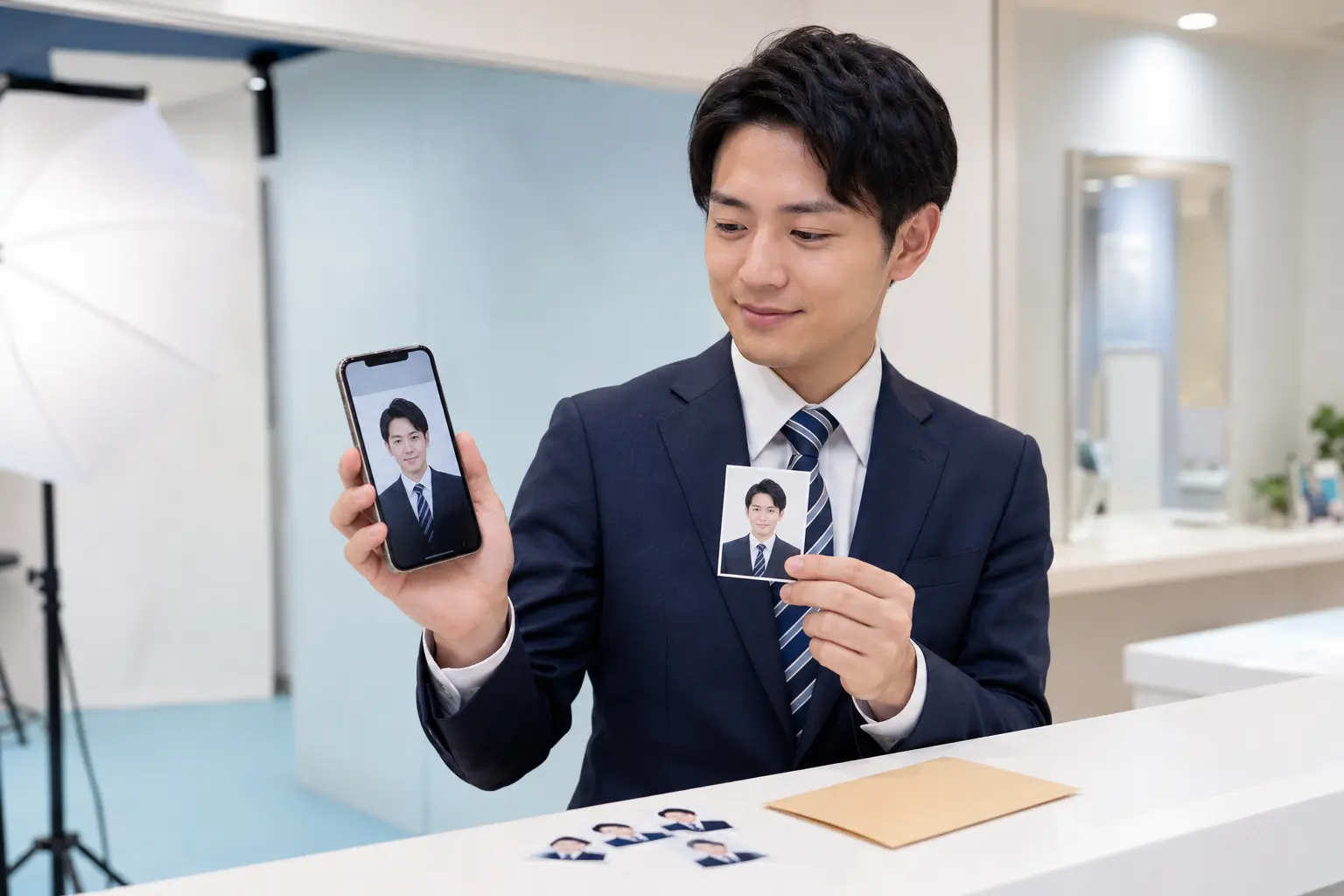 就活証明写真のプリントとデータをスマートフォンで受け取る場面