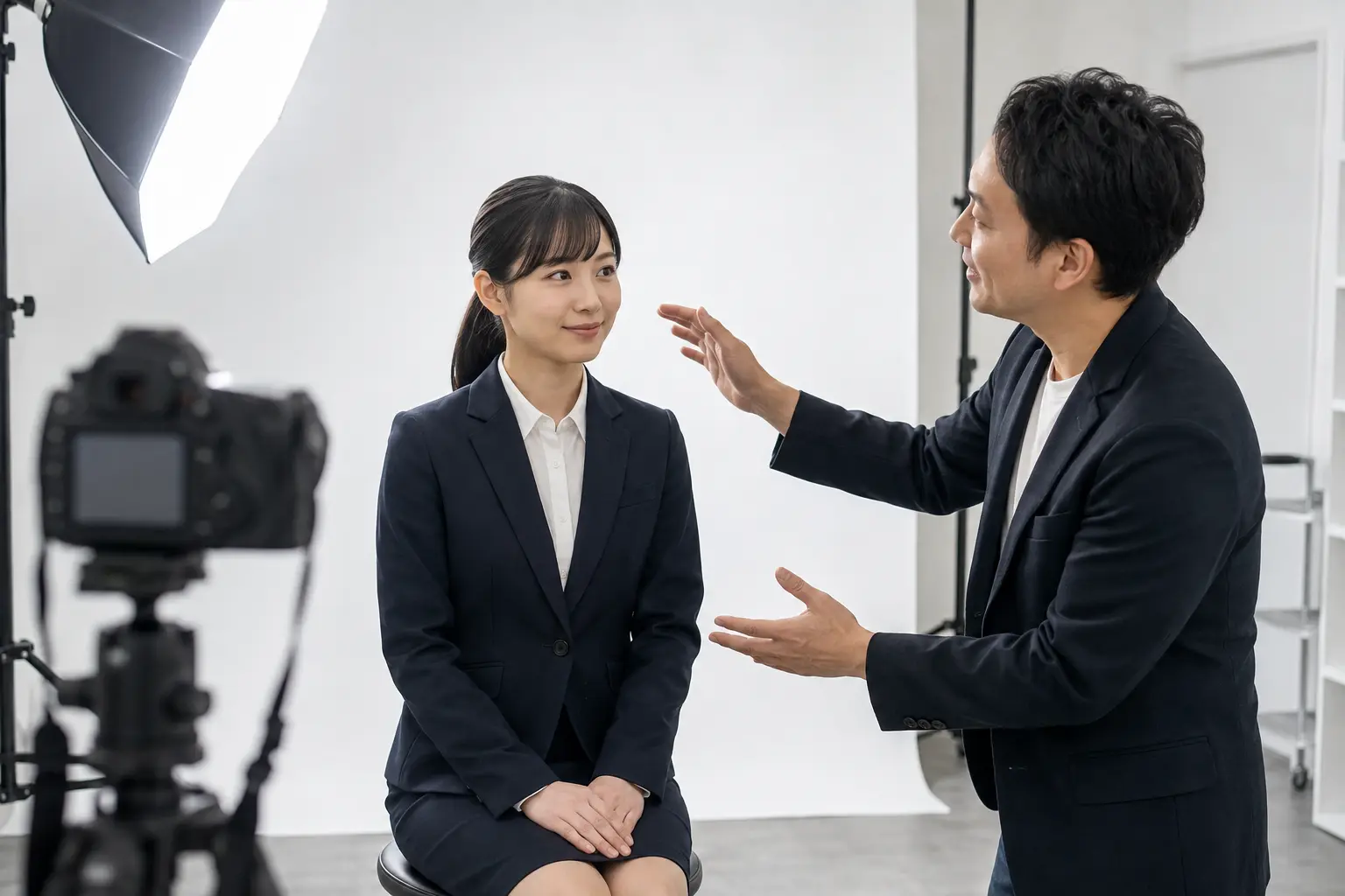 写真館でカメラマンから姿勢と表情のアドバイスを受ける就活生