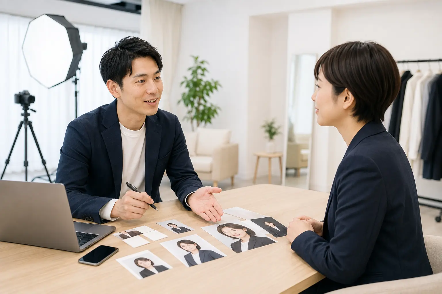 プロフィール写真の用途や構図をカメラマンに相談する様子