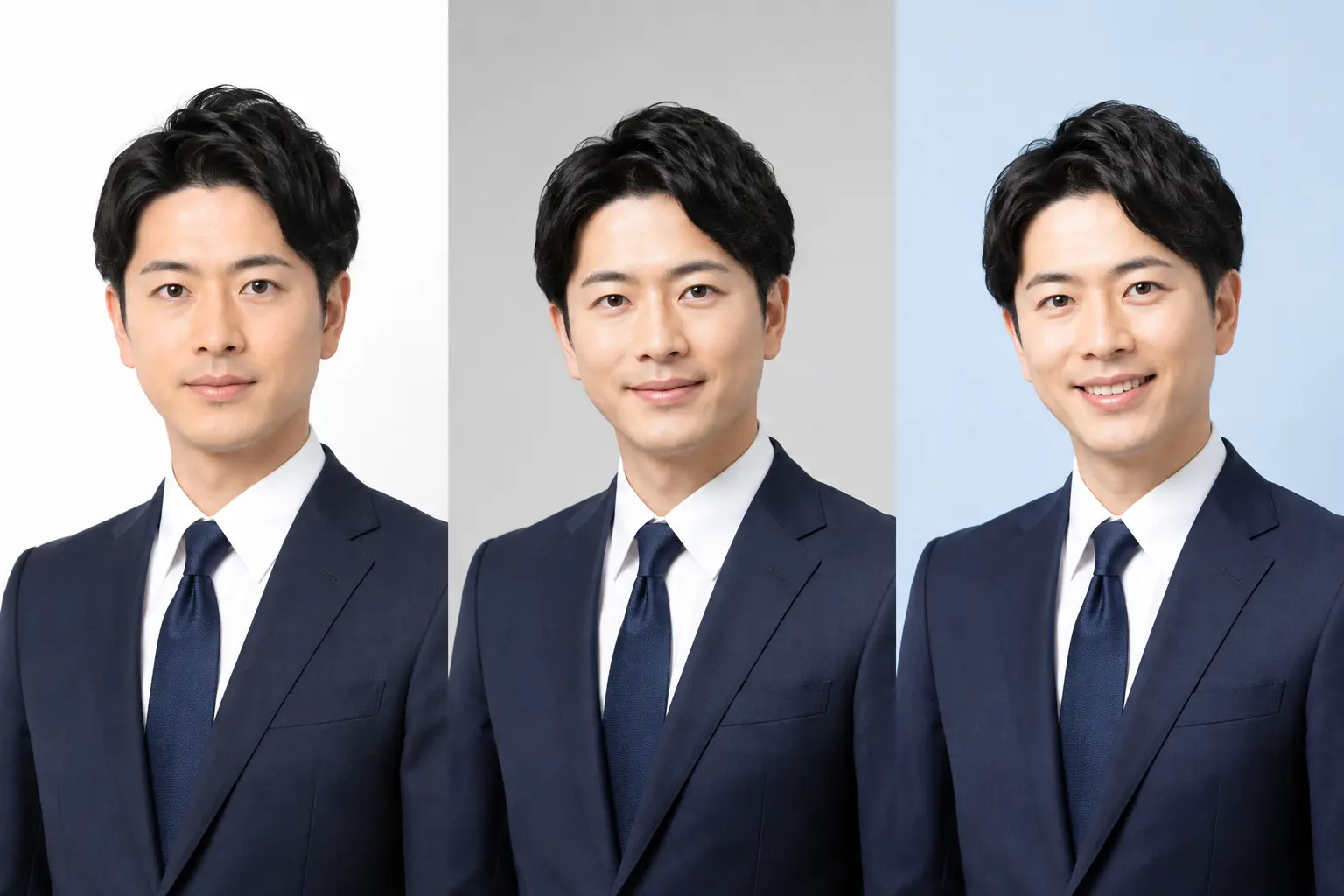 背景と表情を変えてプロフィール写真を撮影する複数パターンのイメージ