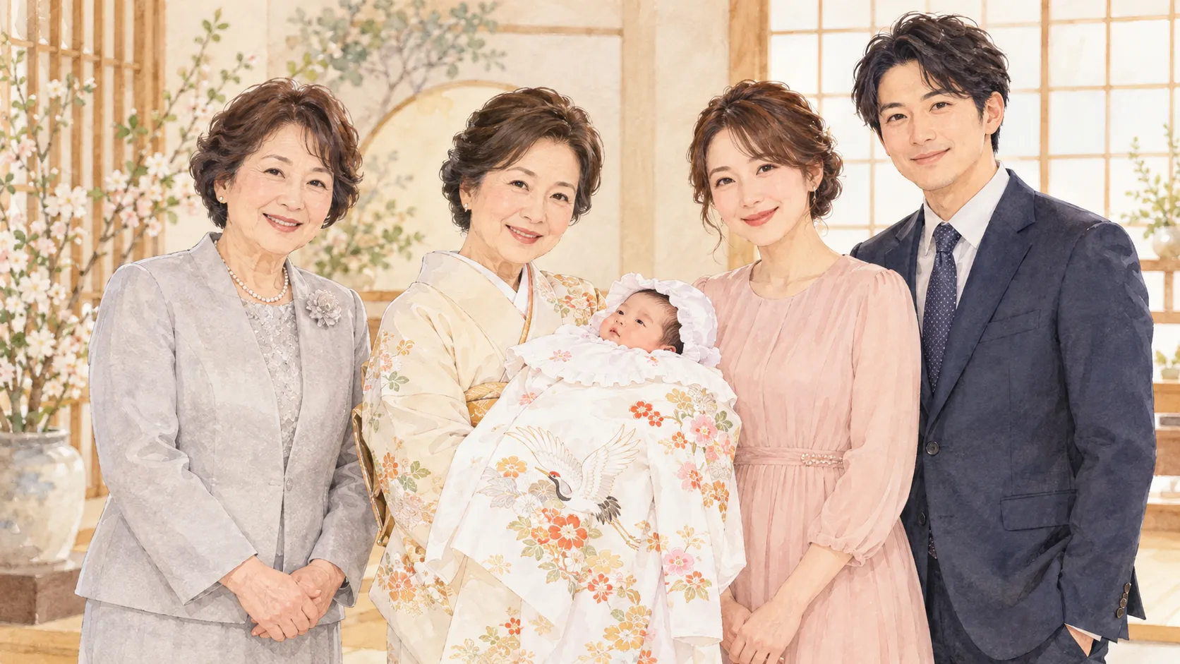お宮参りで、訪問着の祖母が祝い着の赤ちゃんを抱き、両親と並ぶイラスト