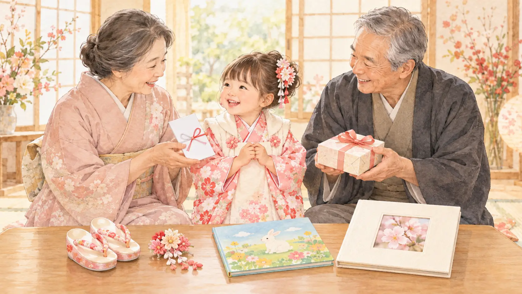 七五三の晴れ着の孫に、祖父母がのし袋や贈り物の包みを手渡すイラスト