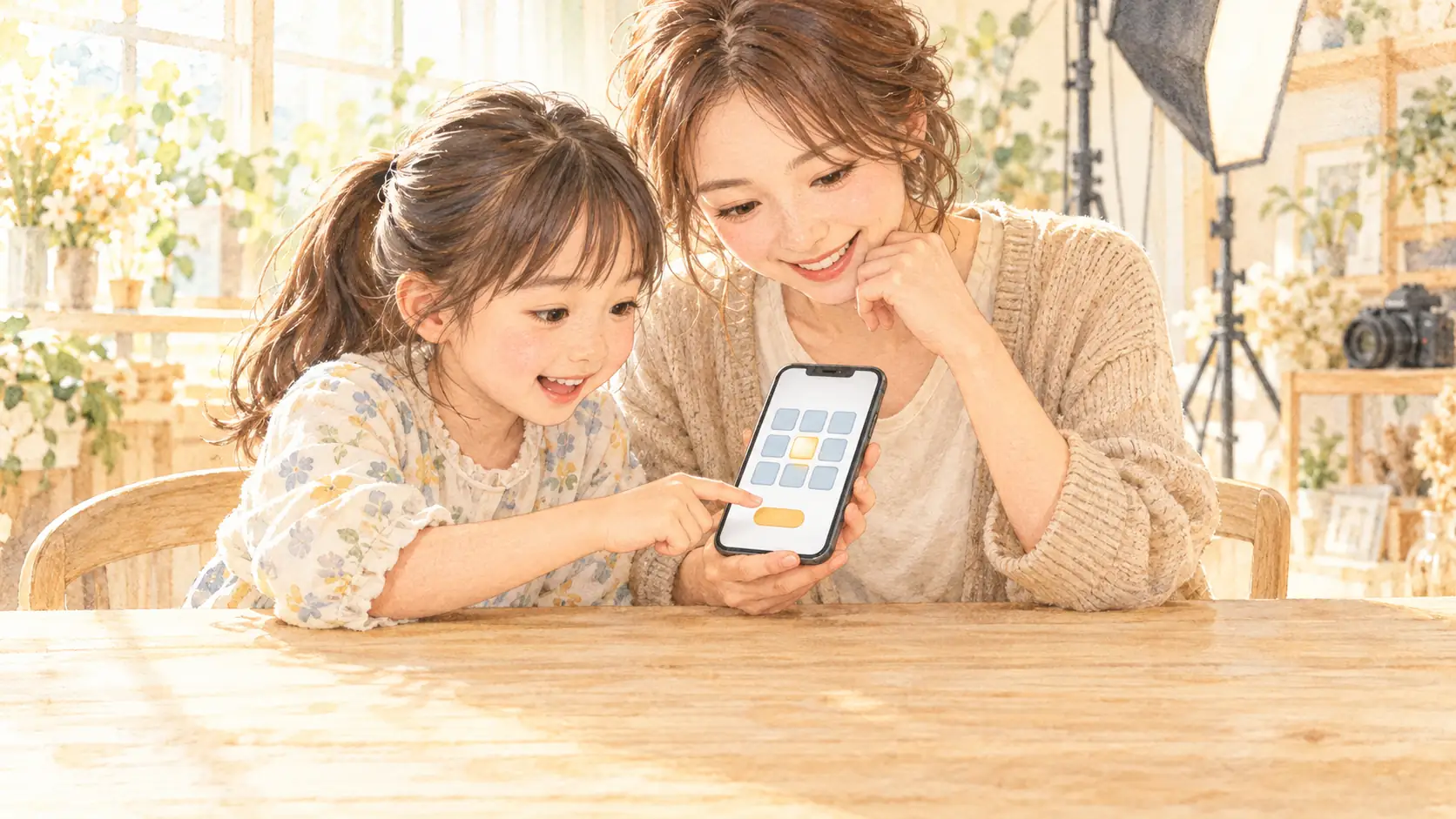 スマホで3×3のマスが光るNバック課題ゲームを親子で遊ぶイラスト