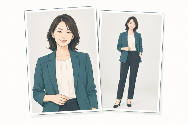 上半身と全身の写真を組み合わせたイラスト