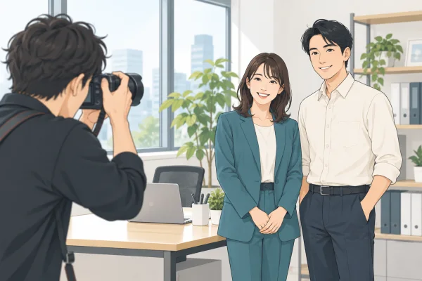 カメラマンが事務所を訪問し、複数人のプロフィール写真を撮影するイラスト