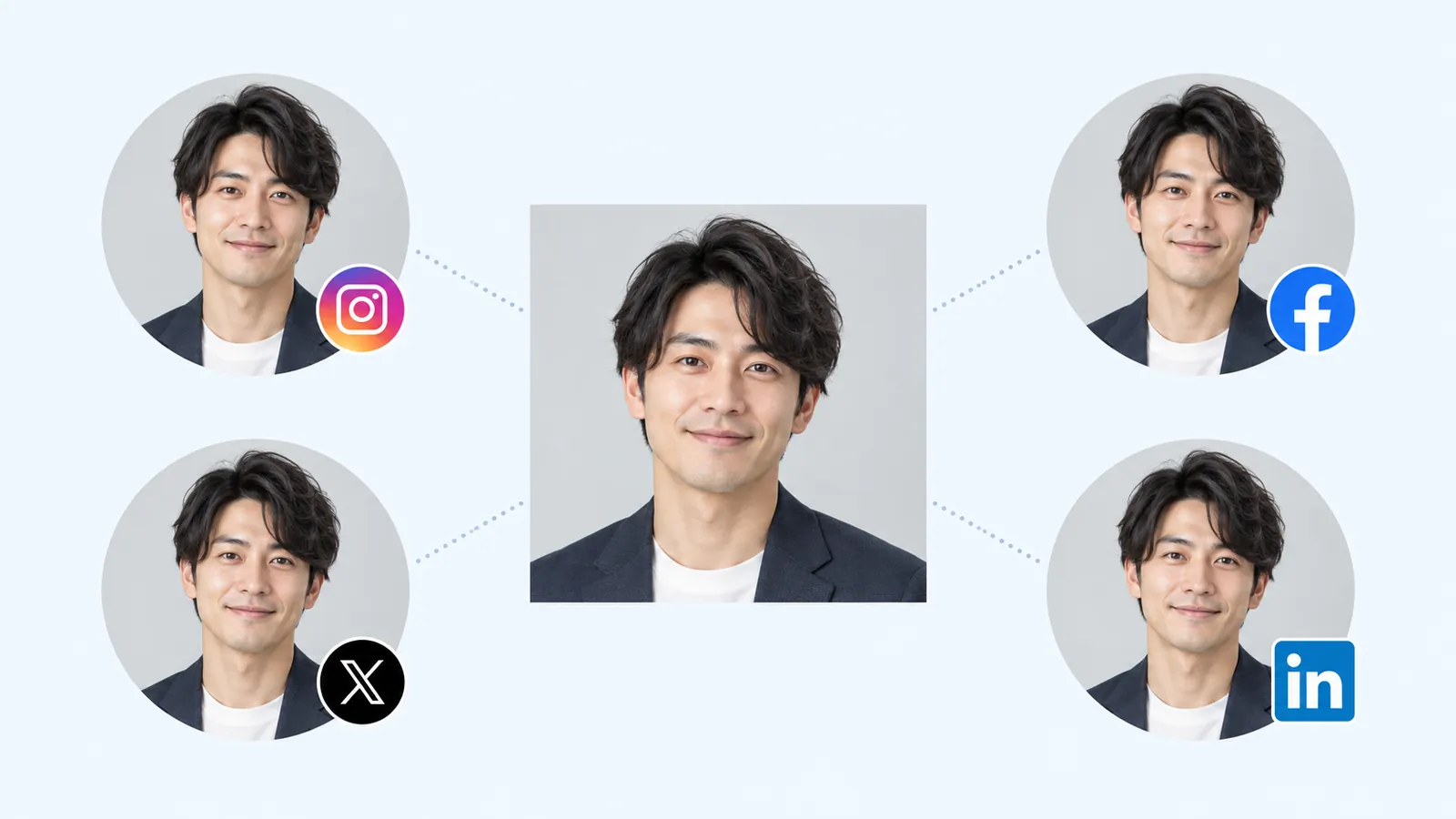 同じプロフィール写真をInstagram・Facebook・X・LinkedInのアイコンとして丸く切り抜いたイメージ