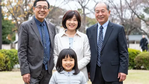 祖父母とお子様が一緒に写る三世代の家族写真